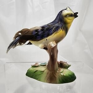 Vintage 1940s Ucago?? Japan Blue Bird Ceramic Figurine Real Feathers On The Back
